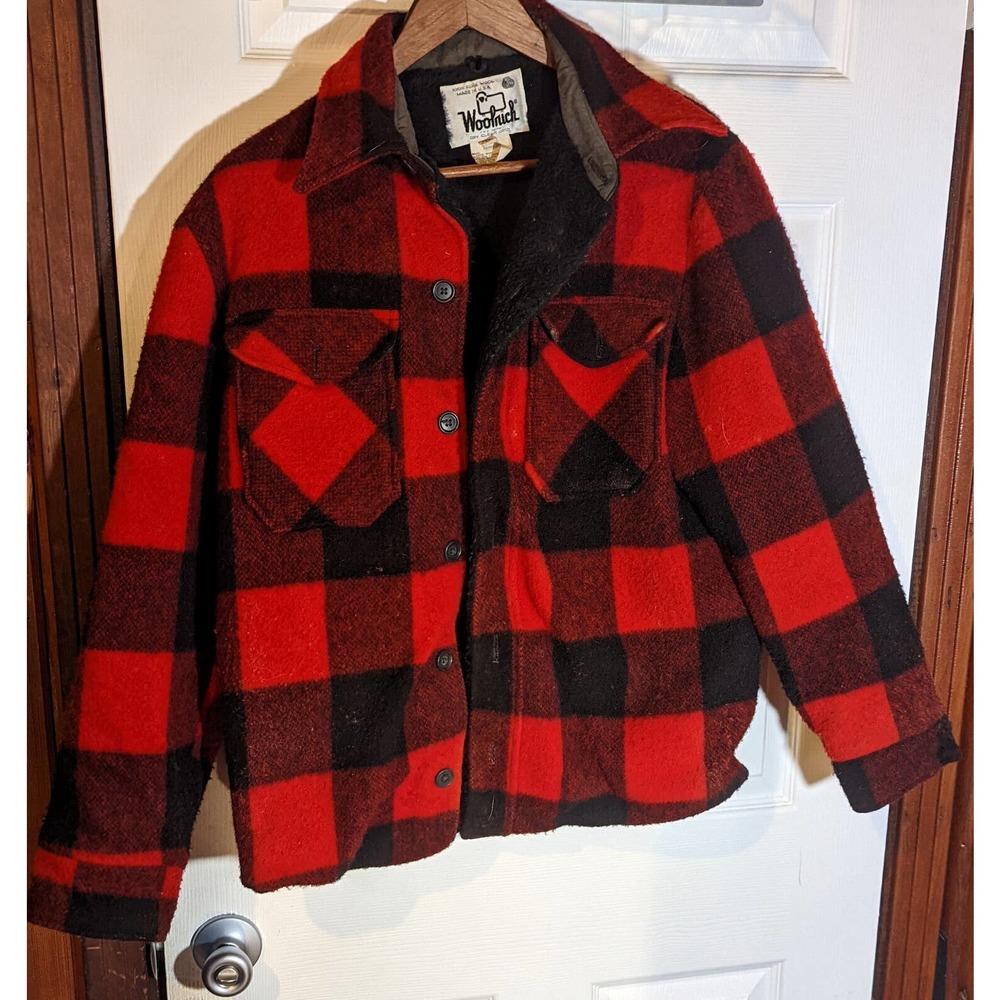 Woolrich Red Black Buffalo Check Lined Jacket Mackinaw Size M 1960s button up